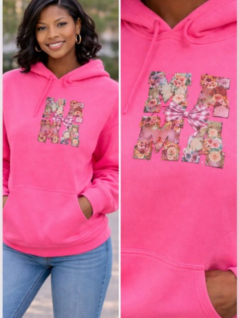 Pink & Green Floral "MAMA" Graphic Crewneck Women's Sweatshirt Hoodie Large